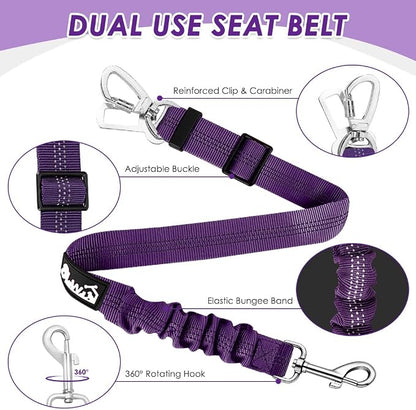 Lukovee Dog Car Harness Seat Belt, Adjustable Mesh Breathable Vest with Elastic Bungee Tether, Soft Padded 2-in-1 Safety Car Harness Seatbelt for Small Medium Large Dogs (Purple,L)