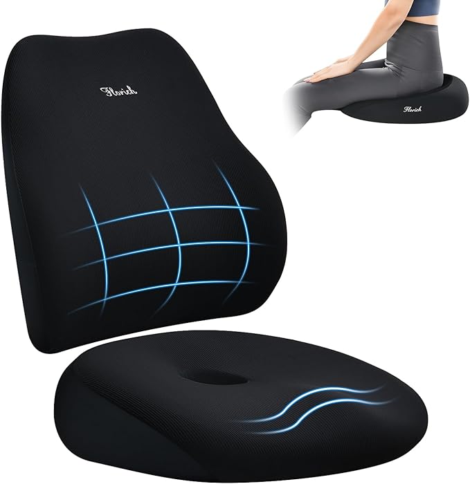 FLORICH Large Car Seat Cushion and Lumbar Support Pillow, Ergonomic Memory Foam Driving Seat Cushion for Back & Sciatica Pain Relief, Non-Slip Washable Seat Cushion for Car, Driver, Office-Black