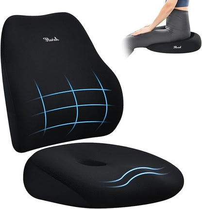 FLORICH Large Car Seat Cushion and Lumbar Support Pillow, Ergonomic Memory Foam Driving Seat Cushion for Back & Sciatica Pain Relief, Non-Slip Washable Seat Cushion for Car, Driver, Office-Black