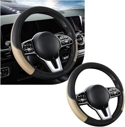 povtii Car Steering Wheel Cover, 15 Inch Leather Breathable Auto Steering Wheel Protector, Comfortable Non-Slip Vehicle Steering Wheel Covers, Universal Interior Car Accessories (Beige, AD)