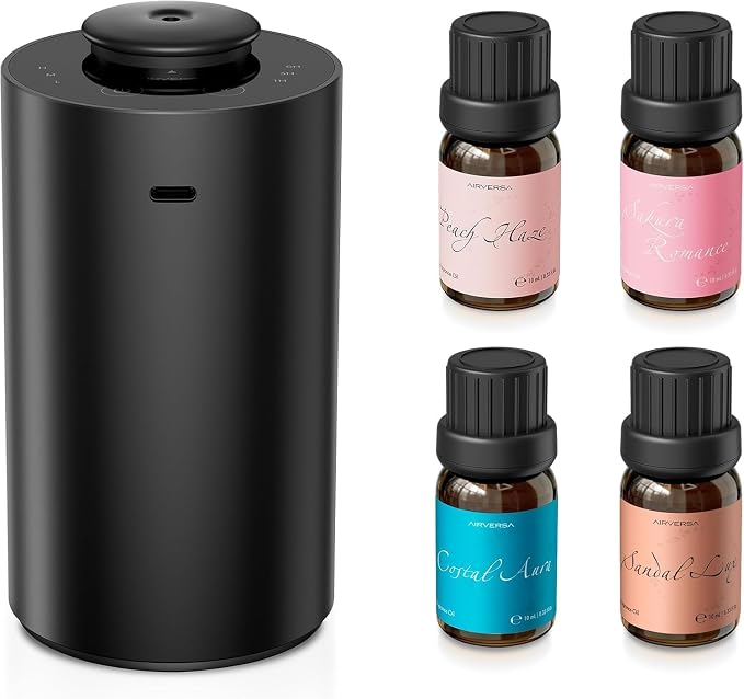 Airversa Waterless Essential Oil Diffuser Starter Kit with 4 x 10mL Fragrance Scent Oil, Battery Operated Mini Scent Air Machine Portable Diffuser for Home Car Office, ANX Black