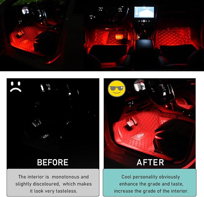 Yourkar Car LED Strip Light, 24 LED Interior Under Dash Atmosphere Lights with Cigarette Lighter, Vehicle Decor Lamp Ambient Night Light Strip Lighting, Universal Car Accessories (Red)