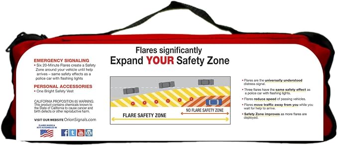Be Prepared w/Our 6 Piece Highway Roadside Emergency Kit and Case with 6, 20-Minute Signal Flares & Stands, Roadside Assist Included Plus a Reflective Safety Vest, Rain Poncho - for Cars, Trucks, RV