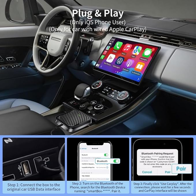 Wireless CarPlay Adapter for Apple iPhone, Android Auto Wireless Adapter for Samsung Galaxy/Motorola, 2025 Upgrade Plug & Play Fast Connection Car Play (Black)