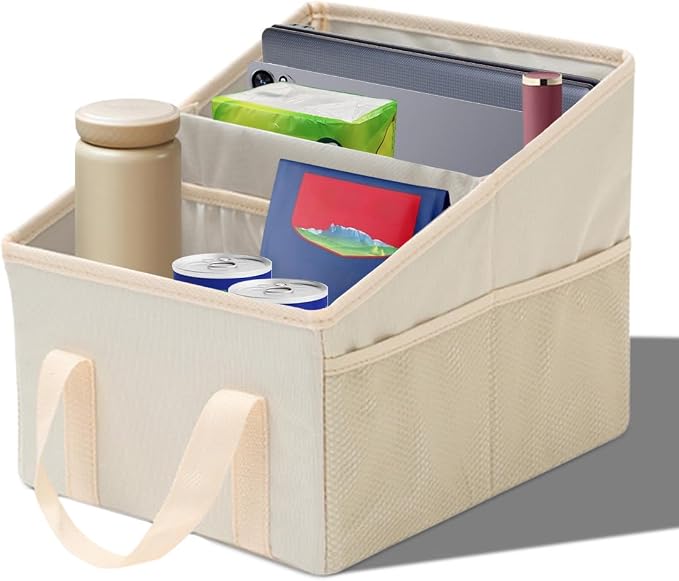 Craedli Car Seat Organizer, Collapsible Trunk Organizer Backseat Car Storage Box with 2 Compartments and Multiple Pockets, Passenger Seat Organizer with Handles for Front/Back Consoles (Beige)