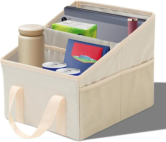 Craedli Car Seat Organizer, Collapsible Trunk Organizer Backseat Car Storage Box with 2 Compartments and Multiple Pockets, Passenger Seat Organizer with Handles for Front/Back Consoles (Beige)