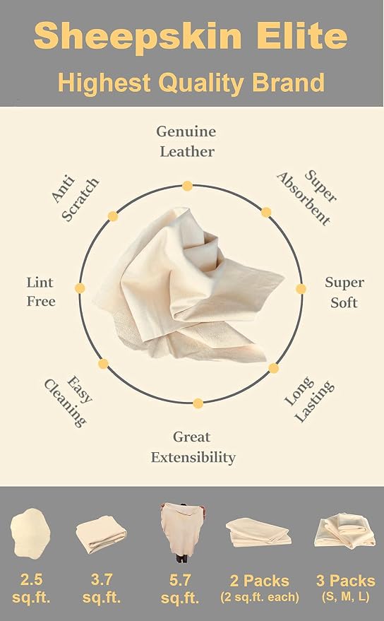 SHEEPSKIN ELITE Chamois Drying Cloth Car Drying Towel Real Leather Absorbent Drying Natural Chamois Car Wash Cloth Accessory (3.7-4.2 sq ft)