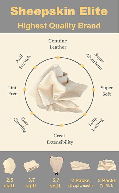 SHEEPSKIN ELITE Chamois Drying Cloth Car Drying Towel Real Leather Absorbent Drying Natural Chamois Car Wash Cloth Accessory (3.7-4.2 sq ft)