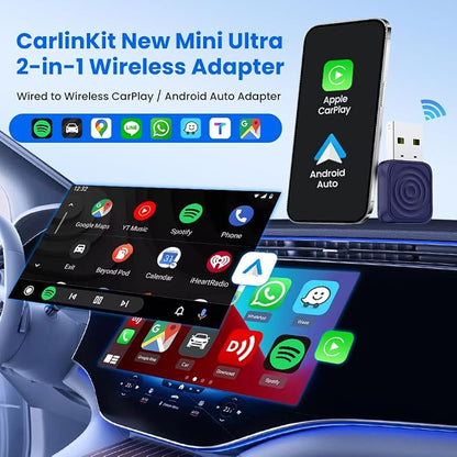 CarlinKit Mini Ultra 2-in-1 Wireless Android Auto for Android 11+ & Wireless CarPlay Adapter for iOS 10+, USB-C/A, Plug & Play, Low Latency, Mini USB Design for OEM Cars, Dark Blue