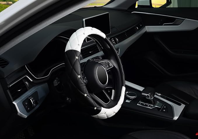KAFEEK Diamond Soft Leather Steering Wheel Cover with Bling Bling Crystal Rhinestones, Universal 15 inch, Black White