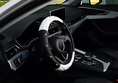 KAFEEK Diamond Soft Leather Steering Wheel Cover with Bling Bling Crystal Rhinestones, Universal 15 inch, Black White