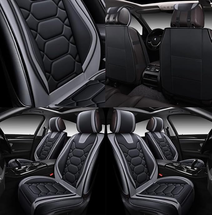 OASIS AUTO Car Seat Covers Front Seats, Sporty Honeycomb Waterproof Faux Leather Protectors, Universal Fit for SUV, Sedan, Truck Interior Accessories (OS-004 Black&Gray)