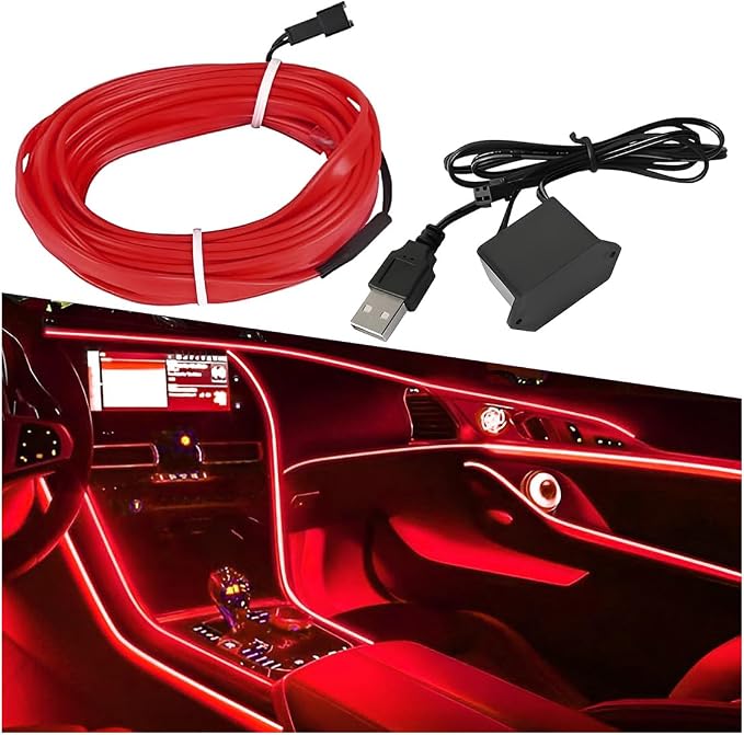 ZIMISI EL Wire Car Interior LED Strip Lights, 5V 16FT Neon Light Strip with Sewing Edge, USB Electroluminescent Car Interior Lights with Fuse Protection, Vehicle Ambient Lighting Decorations (Red)