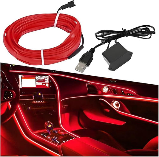 ZIMISI EL Wire Car Interior LED Strip Lights, 5V 16FT Neon Light Strip with Sewing Edge, USB Electroluminescent Car Interior Lights with Fuse Protection, Vehicle Ambient Lighting Decorations (Red)