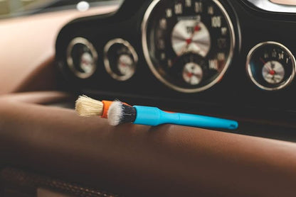 Detail Factory - Crevice Mini Detailing Brush Combo Kit - One Boar's Hair Brush + One Ultra-Soft Synthetic Brush, Heavy Cleaning Action for Small Spaces, Orange + Blue (2-Pack)