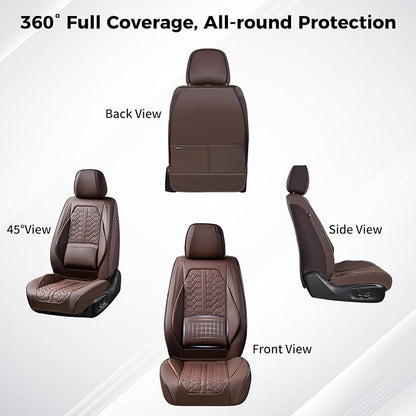 Huidasource Coffee Front Seat Covers, Automotive Car Seat Cover, 360° Full Wrap Leather Seat Cushion Covers Protector with Lumbar Support Fit for Most Cars SUV Trucks