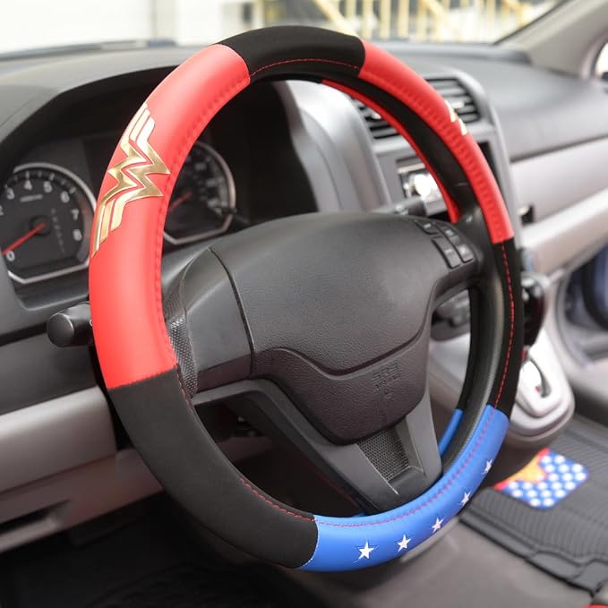 BDK Wonder Woman Steering Wheel Cover - Synthetic Leather - Stars & Gold Logo - Fits All Standard Size Wheel 15 Inch, Model Number: WBSW-1904