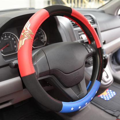BDK Wonder Woman Steering Wheel Cover - Synthetic Leather - Stars & Gold Logo - Fits All Standard Size Wheel 15 Inch, Model Number: WBSW-1904