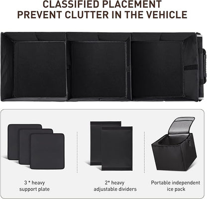 HIRALIY 4 in 1 Car Trunk Storage Organizer with Leakproof Cooler Bag, Multi-Compartment Foldable Trunk Storage Box for Car Truck SUV Black