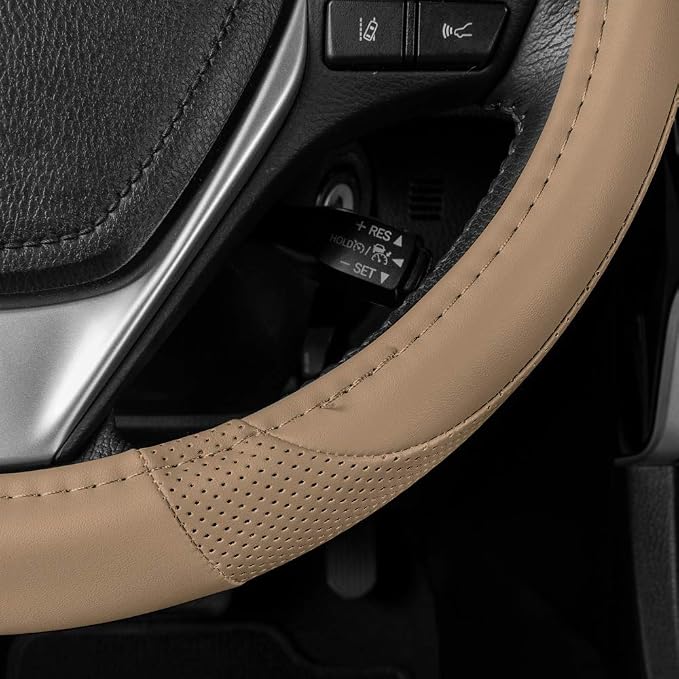 Motor Trend Perforated Microfiber Leather Steering Wheel Cover for Cars Trucks SUVs Vans, Sporty Racing Improved Grip Anti-Fatigue Ergonomic Design, Airbag Compatible - Fits Standard 15" Inch - Beige