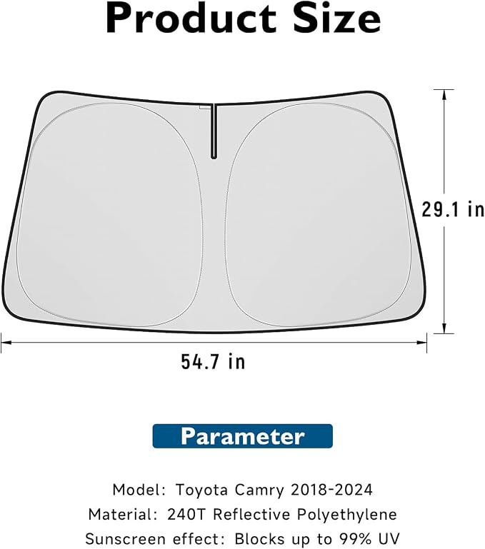 BIBLOZ Car Windshield Sun Shade for Toyota Camry 2018-2025 2026, LE, XLE, SE, XSE, Hybrid Accessories Foldable PET Sunshade Keeps The Car Cool Inside