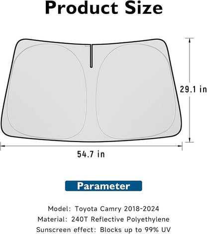 BIBLOZ Car Windshield Sun Shade for Toyota Camry 2018-2025 2026, LE, XLE, SE, XSE, Hybrid Accessories Foldable PET Sunshade Keeps The Car Cool Inside