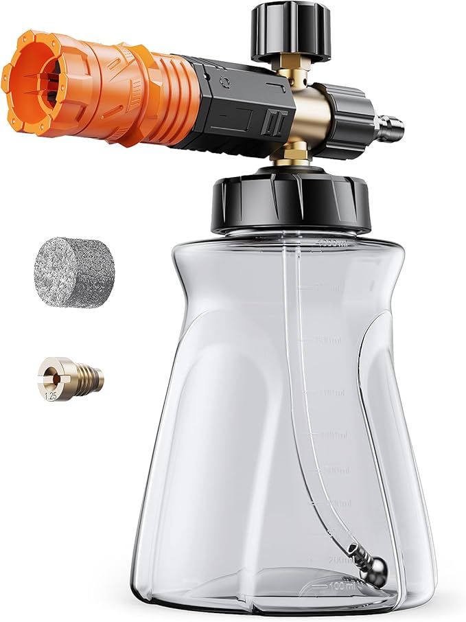 Foam Cannon for Pressure Washer, 1L Car Wash Foam Cannon with 1/4" Quick Connect, Adjustable Snow Foam Lance with Extra Orifice Nozzle & Foam Makers for Cars