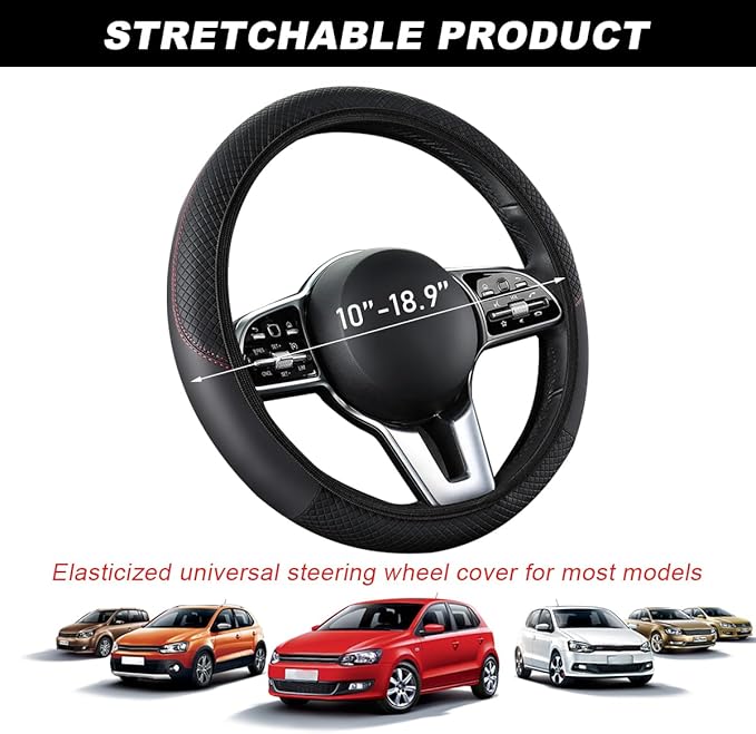 DXNQ Car Steering Wheel Cover, 15 Inch Carbon Fiber Leather Stitching Color Steering Wheel Protector, Anti-Slip Elastic Breathable Steering Wheel Cover Stylish Decor for Most Cars (Black, AD)