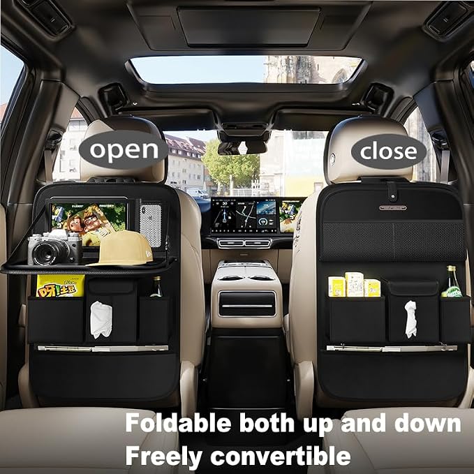 GMQ Back Seat Car Organizer 1 Pack,Backseat Organizer with Tray,Multifunctional Car Seat Back Storage Box with Foldable Tablet Holder (Black, Plain weave)