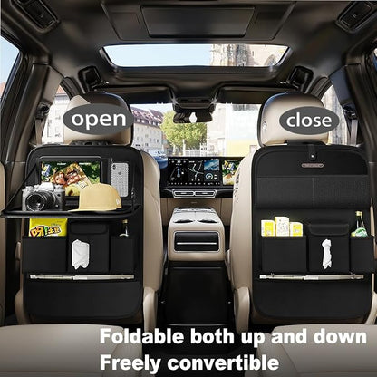 GMQ Back Seat Car Organizer 1 Pack,Backseat Organizer with Tray,Multifunctional Car Seat Back Storage Box with Foldable Tablet Holder (Black, Plain weave)