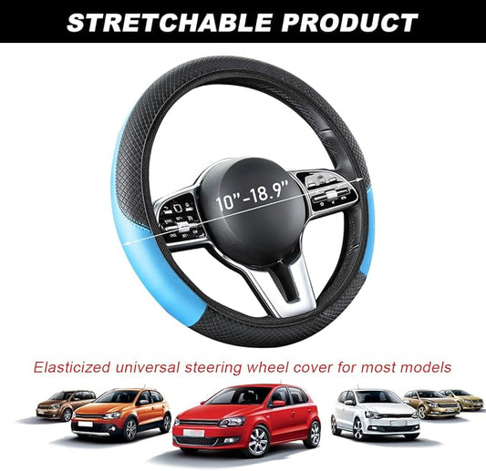 DXNQ Car Steering Wheel Cover, 15 Inch Carbon Fiber Leather Stitching Color Steering Wheel Protector, Anti-Slip Elastic Breathable Steering Wheel Cover Stylish Decor for Most Cars (Black&Blue, AD)