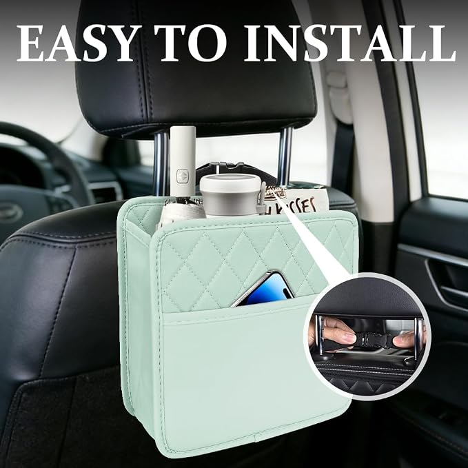 Car Seat Back Organizer, Leather Backseat Hanging Storage Bag, Multipurpose Car Hanging Trash Bag with 2 Compartments, Car Large Capacity Pouch Pocket for Kids & Adults (Green)