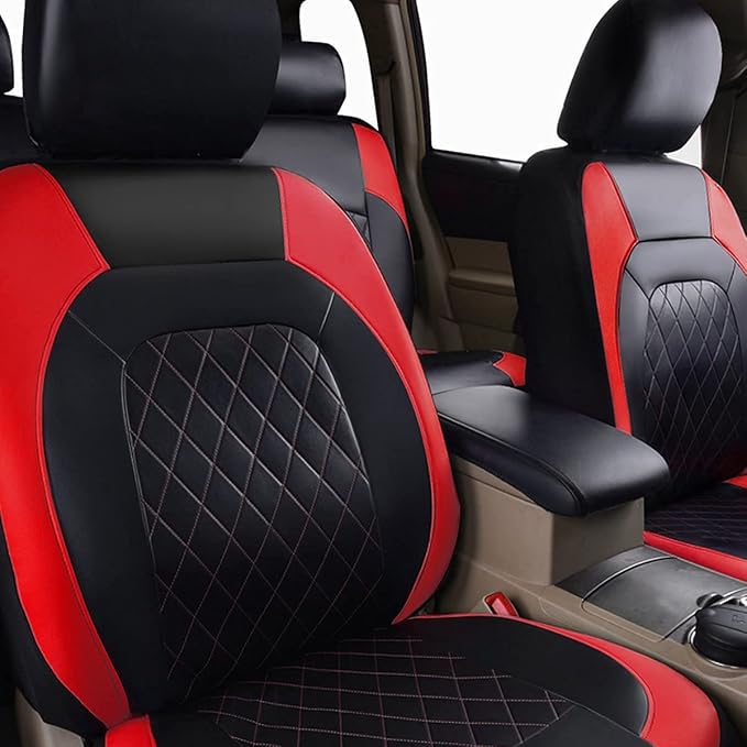 Universal Faux Leather Car Seat Covers Full Set Airbag Compatible Breathable Fit for Cars Trucks SUVs Deluxe Pu Luxury Vinyl(Black with Red)