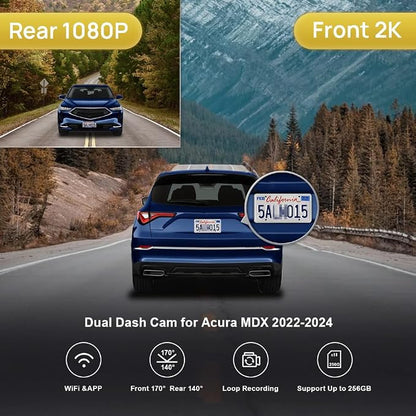 Fitcamx 2K Dual Dash Cam Suitable for Acura MDX 2022 2023 2024 Gen4 (has Auto Dimming Mirror), OEM Look, Front 1440P+Rear 1080P HD Video, WiFi & APP, Loop Recording, G-Sensor, Easy to Set, 64GB Card