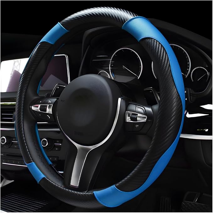 DXNQ Car Steering Wheel Cover, 15 Inch Carbon Fiber Leather Stitching Color Steering Wheel Protector, Anti-Slip Elastic Breathable Steering Wheel Cover Stylish Decor for Most Cars (Black&Blue)