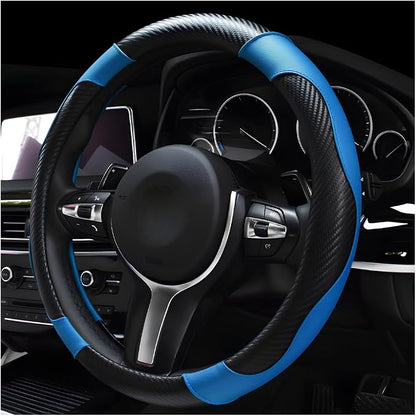 DXNQ Car Steering Wheel Cover, 15 Inch Carbon Fiber Leather Stitching Color Steering Wheel Protector, Anti-Slip Elastic Breathable Steering Wheel Cover Stylish Decor for Most Cars (Black&Blue)