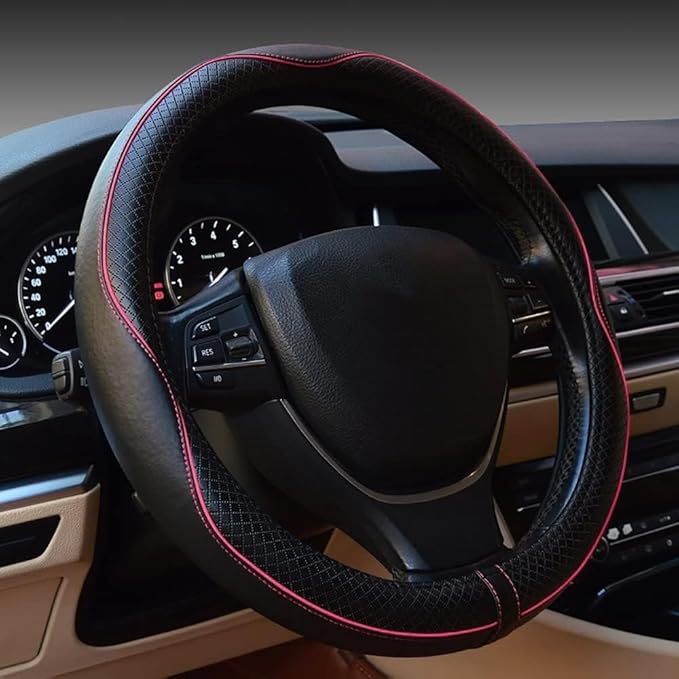 ESEWALAS Universal Car Steering Wheel Cover,Anti-Slip Leather Steering Wheel Cover,Sports Style Steering Wheel Protector,Car Interior Accessories Steering Wheel (Black with Pink)