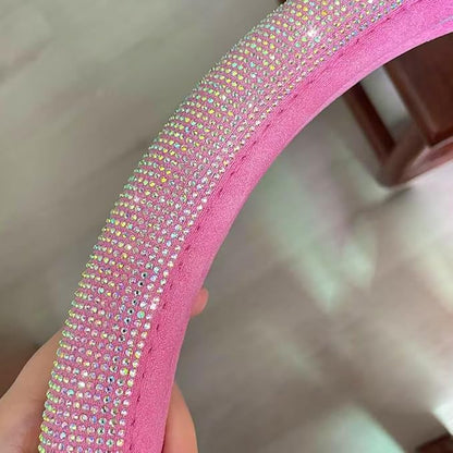 Carwales Car Steering Wheel Cover Pink for Women Girls Cute Bling Accessories 15 Inch Universal Colorful Crystal Rhinestone Diamond Rainbow Anti-Slip Wheel Protector