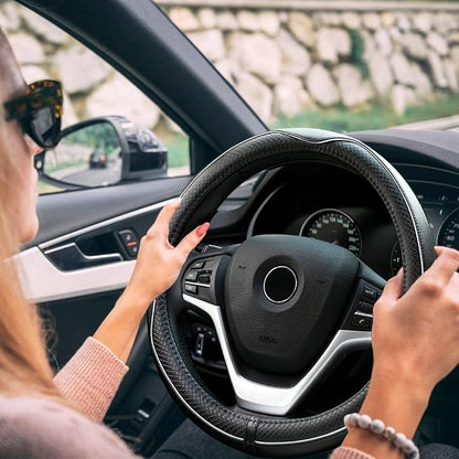 Rueesh Microfiber Leather Steering Wheel Cover Anti-Slip Matte Finish Auto Car Wheel Cover Universal 15 Inch Wheel Cover for Car Embossing Pattern (M (14.5"-15" Diameter), White Line)