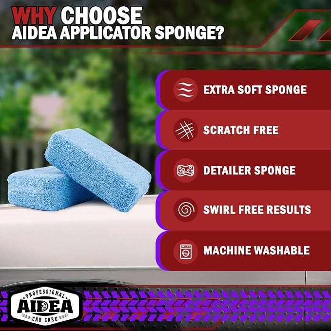 AIDEA Microfiber Applicator Pads-2Pack, Car Wash Sponge, Premium Microfiber Sponge and Cleaning Pads, Perfect for Effortless Wax, Sealant, and Conditioner Application - Blue