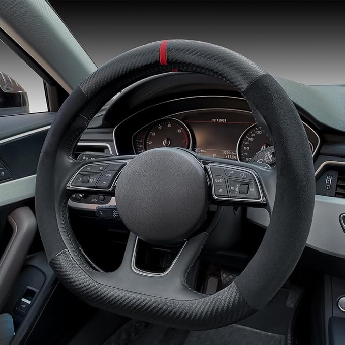 Carodi Suede Carbon Fiber Steering Wheel Cover，Non-Slip Leather Car Interior Fitting 15-inch Universal（D-Shape,Black Suede with Carbon Fiber）