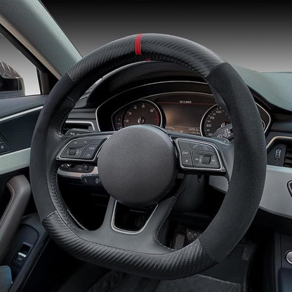 Carodi Suede Carbon Fiber Steering Wheel Cover，Non-Slip Leather Car Interior Fitting 15-inch Universal（D-Shape,Black Suede with Carbon Fiber）