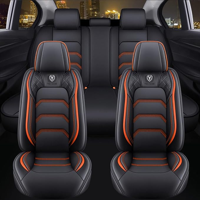 Comfortable Leather Auto Car Seat Covers 5 Seats Full Set Universal Fit (Black & Orange)