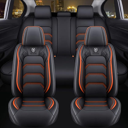 Comfortable Leather Auto Car Seat Covers 5 Seats Full Set Universal Fit (Black & Orange)
