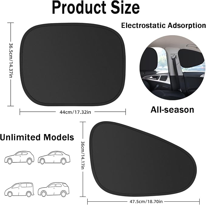 Car Window Sun Shade 4 Pack, Static Cling Side Window Sunshade, UV Protection Privacy Cover, Universal Fit for Car SUV Truck