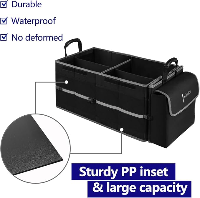 Collapsible Trunk Organizer for Car with Insulated Leak proof Cooler Bag, 3 Compartments SUV Cargo Organizer Removable Dividers, 5 in1 Car Storage Organizer with Foldable Lid,2 Tie-Down Straps(Black)