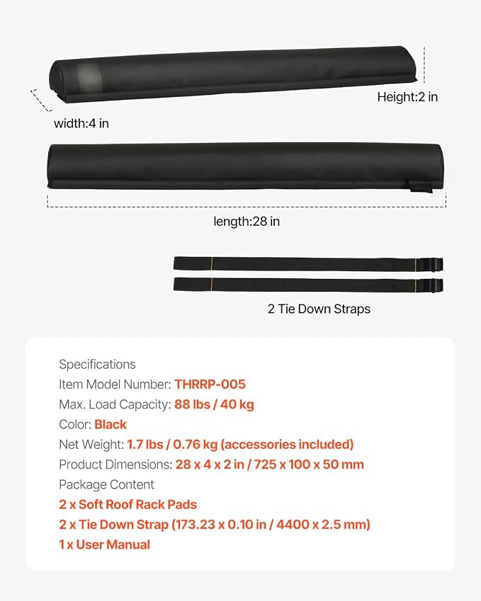 VEVOR Soft Roof Rack Pads, 28" Universal Car Roof Rack Pads for Various Crossbars, 88LBS Load Capacity Luggage Kayak Carrier with 2 Tie Down Straps for SUPs Canoes Snowboards Paddle Boards