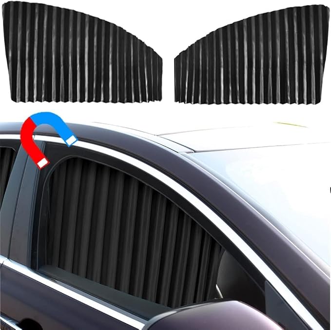 Ovege Car Side Window Sun Shade Car Curtain Pleated Silky Suction Magnetic (Black-Opaque, Front Seat 2pcs)