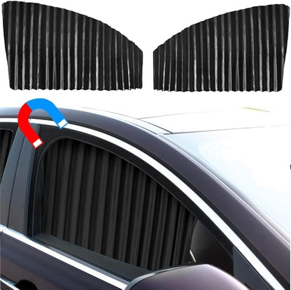 Ovege Car Side Window Sun Shade Car Curtain Pleated Silky Suction Magnetic (Black-Opaque, Front Seat 2pcs)
