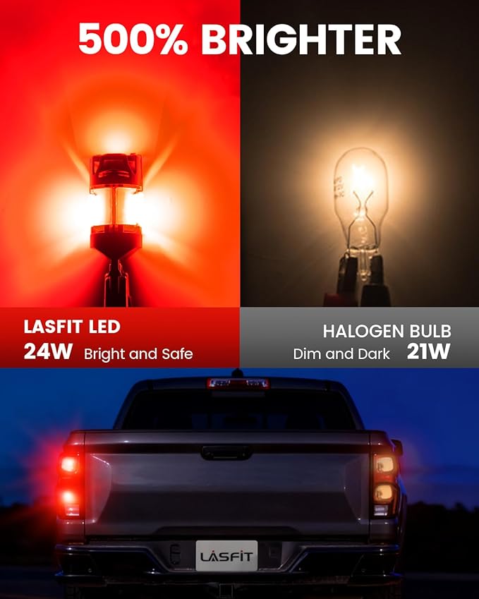 LASFIT 7440 7443 Brake Light LED bulb Built in Resistor for Red Tail Light Upgraded Bright 7444na 7441 7444 7440NA W21W WY21W LED Canbus Ready Stop Lights, Pack of 2